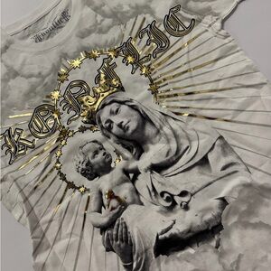 White Graphic Tee with Gold Foil Religious Print